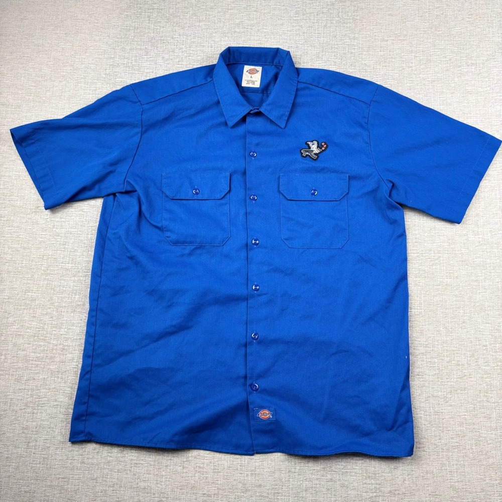 Dickies Mens Large Blue Love Kills Gun Club Custom Patch Short Sleeve Work Shirt